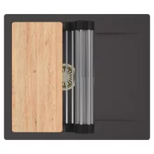 HD Onyx Antracit 58 egymedencés gránit mosogatótálca szett, csepegtetőtálcával, vágódeszkával, acél csepegtetőráccsal, matt antracit színben, szálcsiszolt arany leeresztő szifonnal