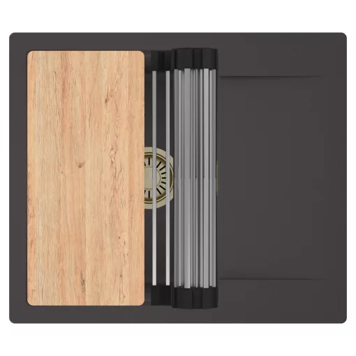 HD Onyx Antracit 58 egymedencés gránit mosogatótálca szett, csepegtetőtálcával, vágódeszkával, acél csepegtetőráccsal, matt antracit színben, szálcsiszolt arany leeresztő szifonnal