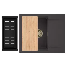 HD Onyx Antracit 58 egymedencés gránit mosogatótálca szett, csepegtetőtálcával, vágódeszkával, matt fekete csepegtetőkosárral, matt antracit színben, szálcsiszolt arany leeresztő szifonnal