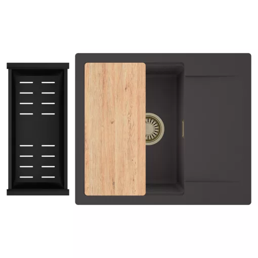 HD Onyx Antracit 58 egymedencés gránit mosogatótálca szett, csepegtetőtálcával, vágódeszkával, matt fekete csepegtetőkosárral, matt antracit színben, szálcsiszolt arany leeresztő szifonnal