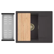 HD Onyx Antracit 58 egymedencés gránit mosogatótálca szett, csepegtetőtálcával, vágódeszkával, acél csepegtetőkosárral, matt antracit színben, szálcsiszolt arany leeresztő szifonnal