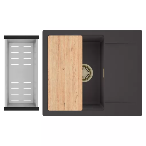 HD Onyx Antracit 58 egymedencés gránit mosogatótálca szett, csepegtetőtálcával, vágódeszkával, acél csepegtetőkosárral, matt antracit színben, szálcsiszolt arany leeresztő szifonnal