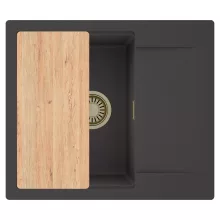 HD Onyx Antracit 58 egymedencés gránit mosogatótálca, vágódeszkával, matt antracit színben, szálcsiszolt arany leeresztő szifonnal