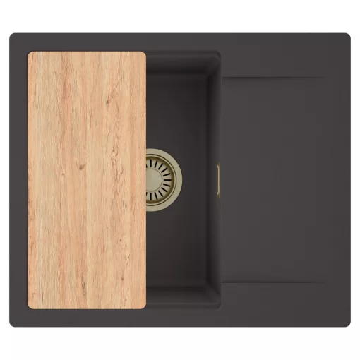 HD Onyx Antracit 58 egymedencés gránit mosogatótálca, vágódeszkával, matt antracit színben, szálcsiszolt arany leeresztő szifonnal