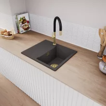 HD Onyx Antracit 58 egymedencés gránit mosogatótálca, vágódeszkával, matt antracit színben, szálcsiszolt arany leeresztő szifonnal