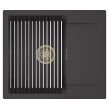 HD Onyx Antracit 58 egymedencés mosogatótálca szett, acél csepegtetőráccsal, csepegtetőtálcával, matt antracit színben, szálcsiszolt arany leeresztő szifonnal