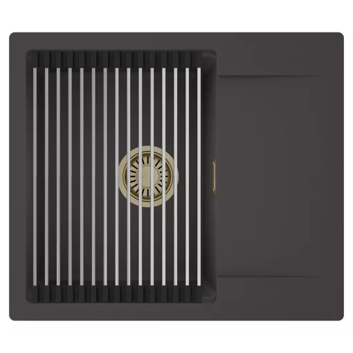 HD Onyx Antracit 58 egymedencés mosogatótálca szett, acél csepegtetőráccsal, csepegtetőtálcával, matt antracit színben, szálcsiszolt arany leeresztő szifonnal