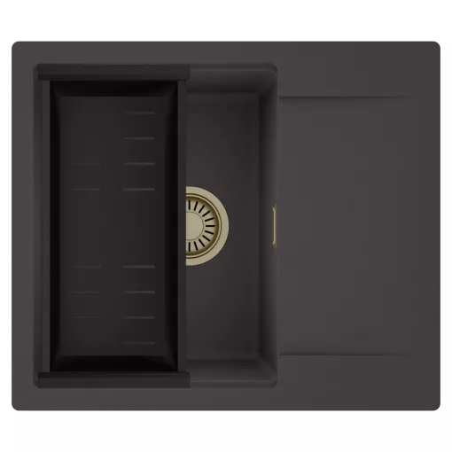 HD Onyx Antracit 58 egymedencés mosogatótálca szett, matt fekete csepegtetőkosárral, csepegtetőtálcával, matt antracit színben, szálcsiszolt arany leeresztő szifonnal