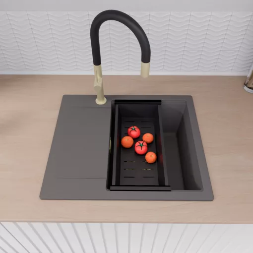 HD Onyx Antracit 58 egymedencés mosogatótálca szett, matt fekete csepegtetőkosárral, csepegtetőtálcával, matt antracit színben, szálcsiszolt arany leeresztő szifonnal