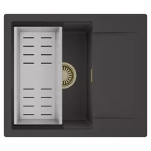 HD Onyx Antracit 58 egymedencés mosogatótálca szett, acél csepegtetőkosárral, csepegtetőtálcával, matt antracit színben, szálcsiszolt arany leeresztő szifonnal