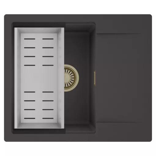 HD Onyx Antracit 58 egymedencés mosogatótálca szett, acél csepegtetőkosárral, csepegtetőtálcával, matt antracit színben, szálcsiszolt arany leeresztő szifonnal