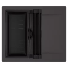 HD Onyx Antracit 58 egymedencés mosogatótálca szett, matt fekete csepegtetőráccsal és kosárral, csepegtetőtálcával, matt antracit színben, matt fekete leeresztő szifonnal