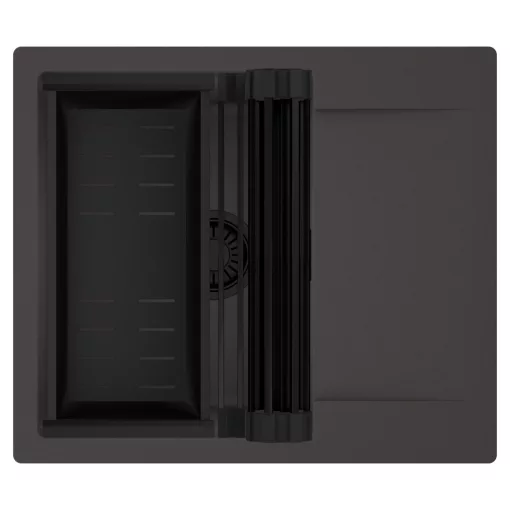 HD Onyx Antracit 58 egymedencés mosogatótálca szett, matt fekete csepegtetőráccsal és kosárral, csepegtetőtálcával, matt antracit színben, matt fekete leeresztő szifonnal