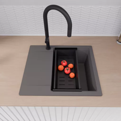 HD Onyx Antracit 58 egymedencés mosogatótálca szett, matt fekete csepegtetőráccsal és kosárral, csepegtetőtálcával, matt antracit színben, matt fekete leeresztő szifonnal