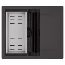 HD Onyx Antracit 58 egymedencés mosogatótálca szett, matt fekete csepegtetőráccsal és krómozott kosárral, csepegtetőtálcával, matt antracit színben, matt fekete leeresztő szifonnal