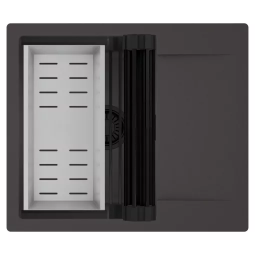 HD Onyx Antracit 58 egymedencés mosogatótálca szett, matt fekete csepegtetőráccsal és krómozott kosárral, csepegtetőtálcával, matt antracit színben, matt fekete leeresztő szifonnal