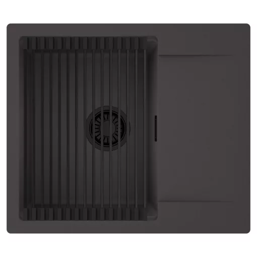 HD Onyx Antracit 58 egymedencés mosogatótálca szett, matt fekete csepegtetőráccsal, csepegtetőtálcával, matt antracit színben, matt fekete leeresztő szifonnal