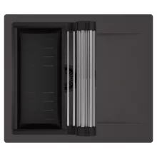 HD Onyx Antracit 58 egymedencés mosogatótálca szett, acél csepegtetőráccsal és matt fekete kosárral, csepegtetőtálcával, matt antracit színben, matt fekete leeresztő szifonnal