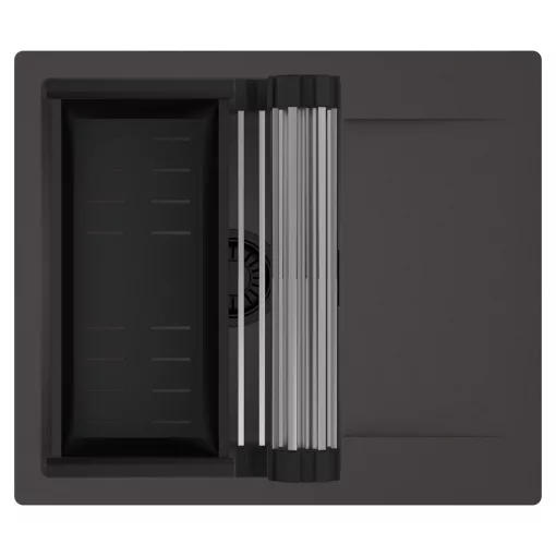 HD Onyx Antracit 58 egymedencés mosogatótálca szett, acél csepegtetőráccsal és matt fekete kosárral, csepegtetőtálcával, matt antracit színben, matt fekete leeresztő szifonnal