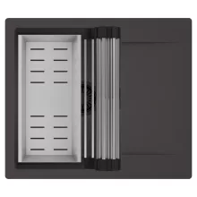 HD Onyx Antracit 58 egymedencés mosogatótálca szett, acél csepegtetőráccsal és kosárral, csepegtetőtálcával, matt antracit színben, matt fekete leeresztő szifonnal