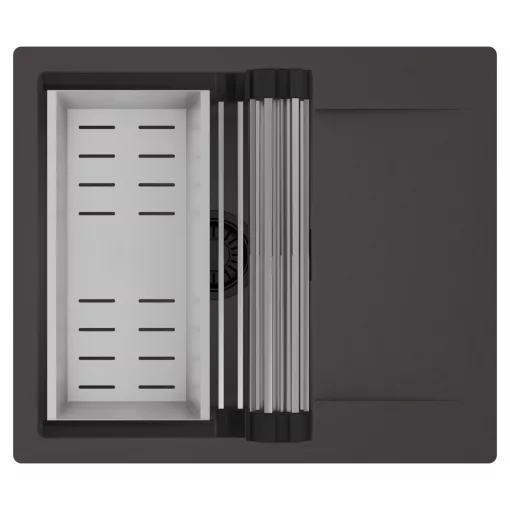 HD Onyx Antracit 58 egymedencés mosogatótálca szett, acél csepegtetőráccsal és kosárral, csepegtetőtálcával, matt antracit színben, matt fekete leeresztő szifonnal