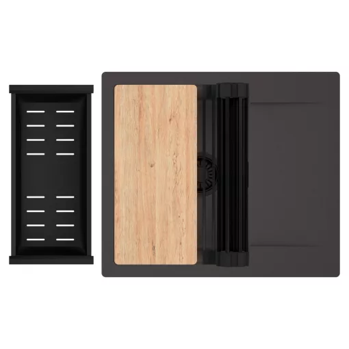 HD Onyx Antracit 58 egymedencés gránit mosogatótálca szett, csepegtetőtálcával, vágódeszkával, matt fekete csepegtetőráccsal és kosárral, matt antracit színben, matt fekete leeresztő szifonnal