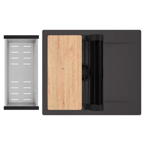 HD Onyx Antracit 58 egymedencés gránit mosogatótálca szett, csepegtetőtálcával, vágódeszkával, matt fekete csepegtetőráccsal és krómozott kosárral, matt antracit színben, matt fekete leeresztő szifonnal