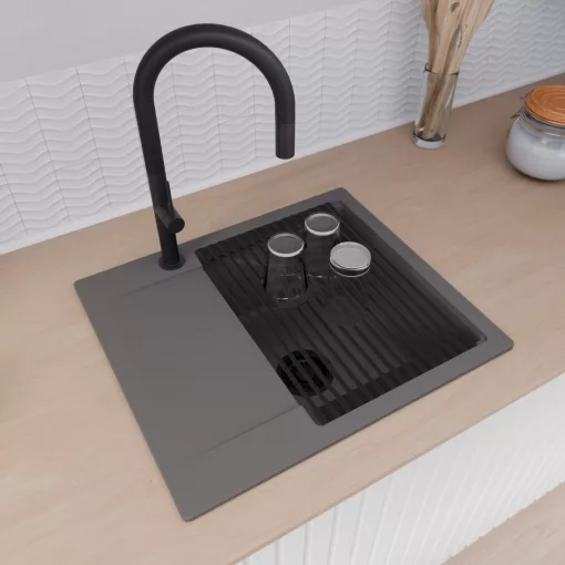 HD Onyx Antracit 58 egymedencés gránit mosogatótálca szett, csepegtetőtálcával, vágódeszkával, matt fekete csepegtetőráccsal és krómozott kosárral, matt antracit színben, matt fekete leeresztő szifonnal