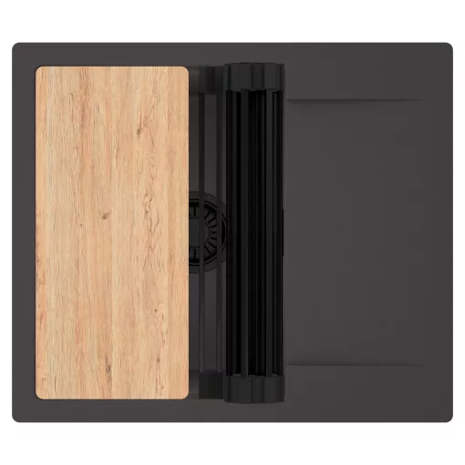 HD Onyx Antracit 58 egymedencés gránit mosogatótálca szett, csepegtetőtálcával, vágódeszkával, matt fekete csepegtetőráccsal, matt antracit színben, matt fekete leeresztő szifonnal