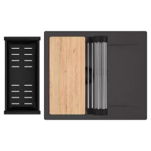 HD Onyx Antracit 58 egymedencés gránit mosogatótálca szett, csepegtetőtálcával, vágódeszkával, acél csepegtetőráccsal és matt fekete kosárral, matt antracit színben, matt fekete leeresztő szifonnal