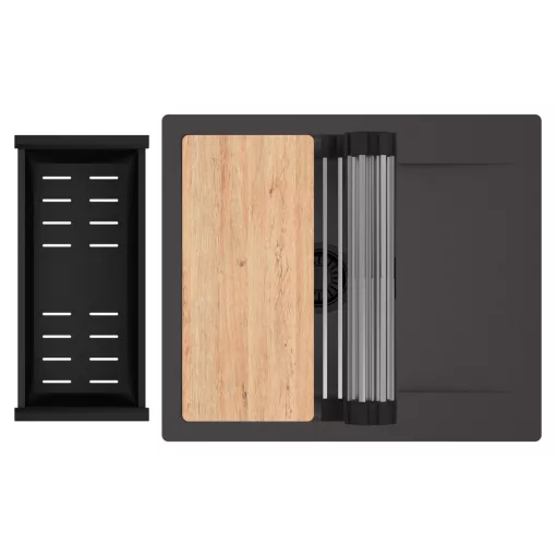 HD Onyx Antracit 58 egymedencés gránit mosogatótálca szett, csepegtetőtálcával, vágódeszkával, acél csepegtetőráccsal és matt fekete kosárral, matt antracit színben, matt fekete leeresztő szifonnal