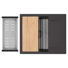 HD Onyx Antracit 58 egymedencés gránit mosogatótálca szett, csepegtetőtálcával, vágódeszkával, acél csepegtetőráccsal és kosárral, matt antracit színben, matt fekete leeresztő szifonnal