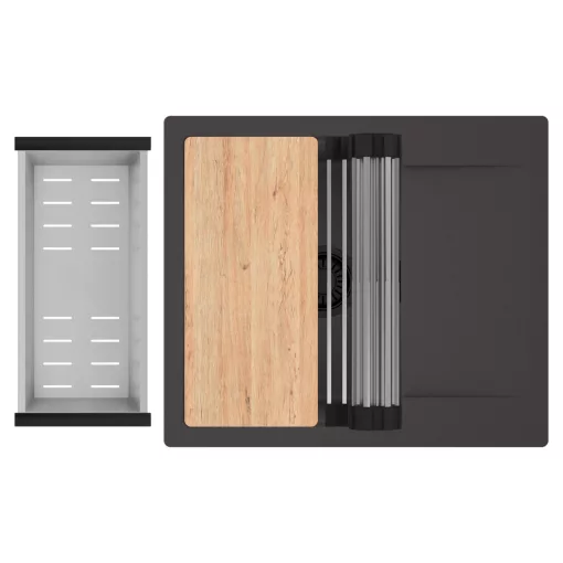 HD Onyx Antracit 58 egymedencés gránit mosogatótálca szett, csepegtetőtálcával, vágódeszkával, acél csepegtetőráccsal és kosárral, matt antracit színben, matt fekete leeresztő szifonnal