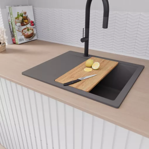 HD Onyx Antracit 58 egymedencés gránit mosogatótálca szett, csepegtetőtálcával, vágódeszkával, acél csepegtetőráccsal és kosárral, matt antracit színben, matt fekete leeresztő szifonnal