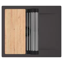 HD Onyx Antracit 58 egymedencés gránit mosogatótálca szett, csepegtetőtálcával, vágódeszkával, acél csepegtetőráccsal, matt antracit színben, matt fekete leeresztő szifonnal