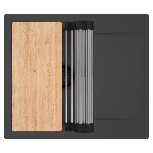 HD Onyx Antracit 58 egymedencés gránit mosogatótálca szett, csepegtetőtálcával, vágódeszkával, acél csepegtetőráccsal, matt antracit színben, matt fekete leeresztő szifonnal