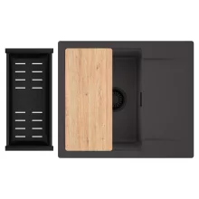 HD Onyx Antracit 58 egymedencés gránit mosogatótálca szett, csepegtetőtálcával, vágódeszkával, matt fekete csepegtetőkosárral, matt antracit színben, matt fekete leeresztő szifonnal