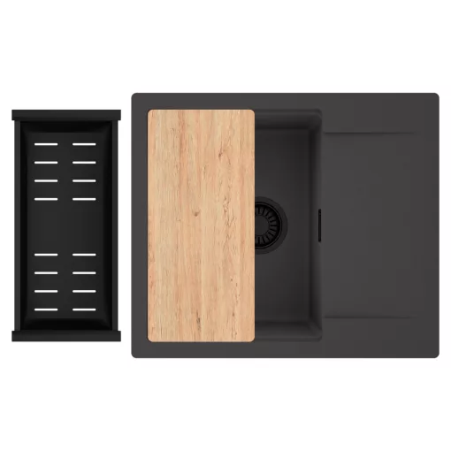 HD Onyx Antracit 58 egymedencés gránit mosogatótálca szett, csepegtetőtálcával, vágódeszkával, matt fekete csepegtetőkosárral, matt antracit színben, matt fekete leeresztő szifonnal