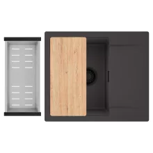 HD Onyx Antracit 58 egymedencés gránit mosogatótálca szett, csepegtetőtálcával, vágódeszkával, acél csepegtetőkosárral, matt antracit színben, matt fekete leeresztő szifonnal