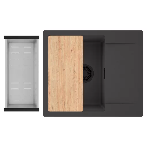 HD Onyx Antracit 58 egymedencés gránit mosogatótálca szett, csepegtetőtálcával, vágódeszkával, acél csepegtetőkosárral, matt antracit színben, matt fekete leeresztő szifonnal