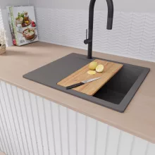 HD Onyx Antracit 58 egymedencés gránit mosogatótálca szett, csepegtetőtálcával, vágódeszkával, acél csepegtetőkosárral, matt antracit színben, matt fekete leeresztő szifonnal