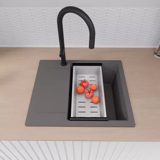 HD Onyx Antracit 58 egymedencés gránit mosogatótálca szett, csepegtetőtálcával, vágódeszkával, acél csepegtetőkosárral, matt antracit színben, matt fekete leeresztő szifonnal