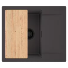 HD Onyx Antracit 58 egymedencés gránit mosogatótálca, vágódeszkával, matt antracit színben, matt fekete leeresztő szifonnal