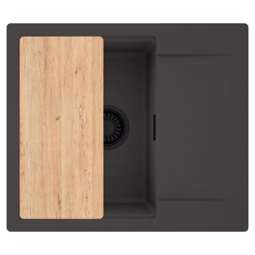 HD Onyx Antracit 58 egymedencés gránit mosogatótálca, vágódeszkával, matt antracit színben, matt fekete leeresztő szifonnal