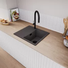 HD Onyx Antracit 58 egymedencés gránit mosogatótálca, vágódeszkával, matt antracit színben, matt fekete leeresztő szifonnal