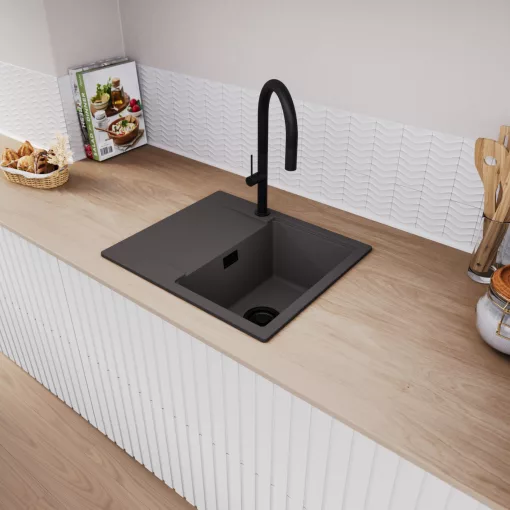 HD Onyx Antracit 58 egymedencés gránit mosogatótálca, vágódeszkával, matt antracit színben, matt fekete leeresztő szifonnal