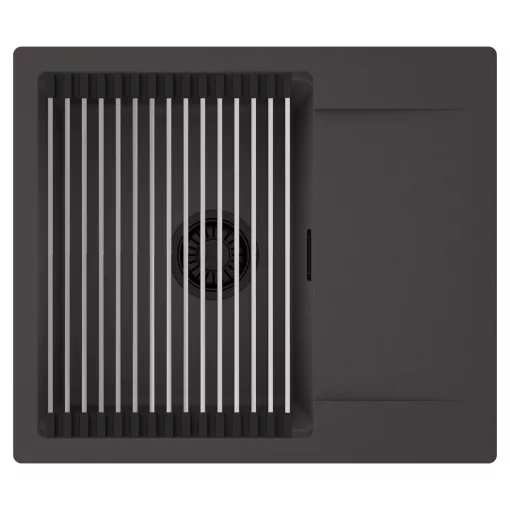 HD Onyx Antracit 58 egymedencés mosogatótálca szett, acél csepegtetőráccsal, csepegtetőtálcával, matt antracit színben, matt fekete leeresztő szifonnal