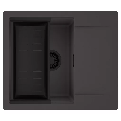 HD Onyx Antracit 58 egymedencés mosogatótálca szett, matt fekete csepegtetőkosárral, csepegtetőtálcával, matt antracit színben, matt fekete leeresztő szifonnal