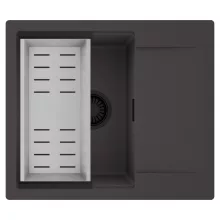 HD Onyx Antracit 58 egymedencés mosogatótálca szett, acél csepegtetőkosárral, csepegtetőtálcával, matt antracit színben, matt fekete leeresztő szifonnal