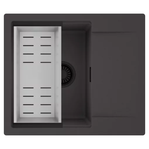 HD Onyx Antracit 58 egymedencés mosogatótálca szett, acél csepegtetőkosárral, csepegtetőtálcával, matt antracit színben, matt fekete leeresztő szifonnal